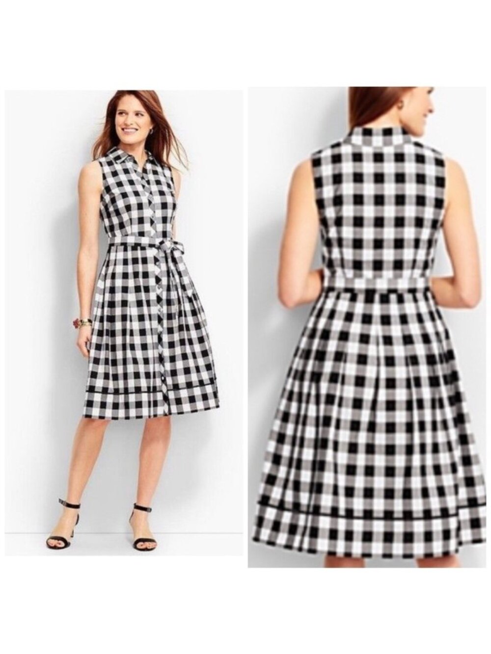 New Talbots Gingham Black White Plaid Check Poplin  Sleeveless Shirt Dress Sz 6
